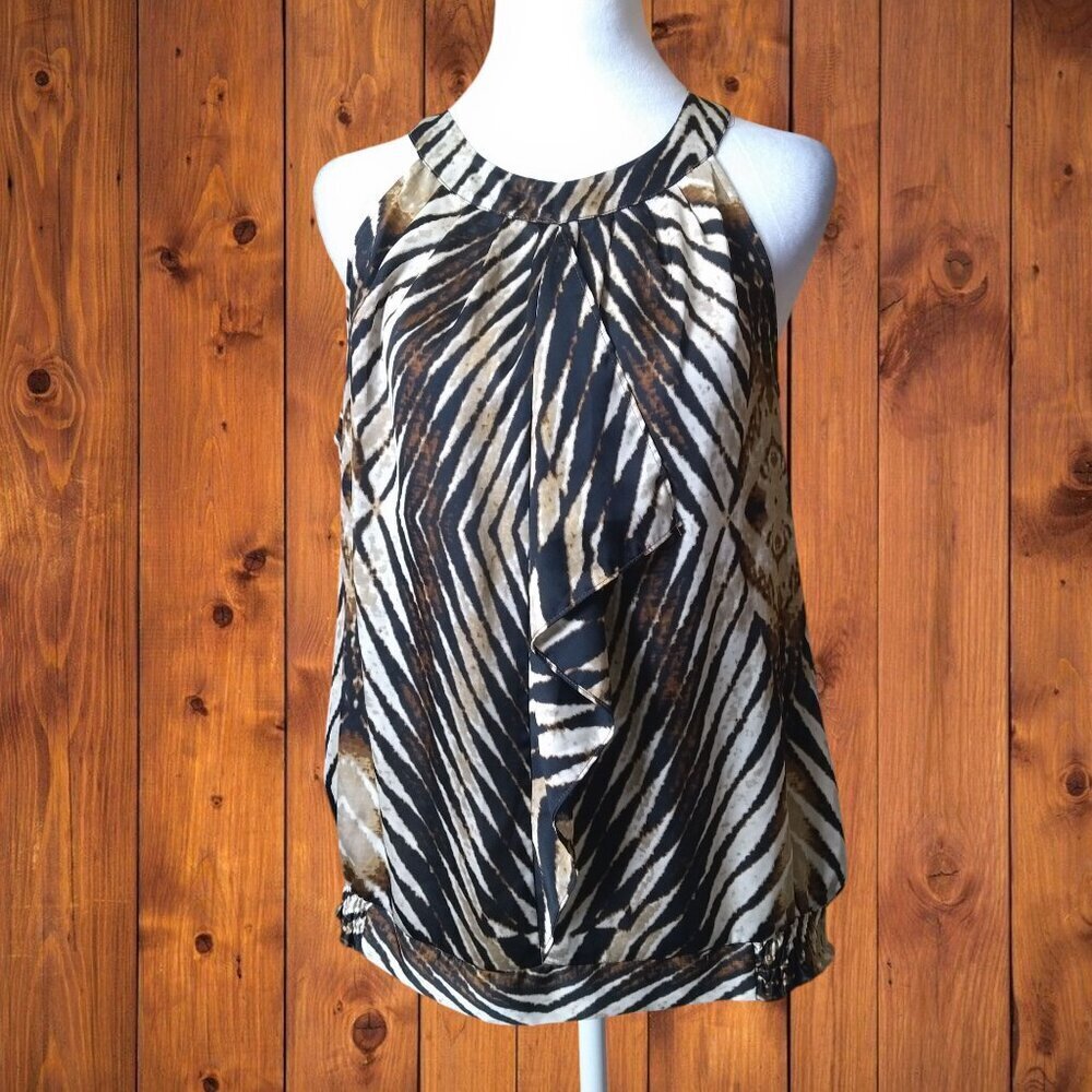 Worthington Size Large Sleeveless Animal Print Ruffle Front Keyhole Back Top